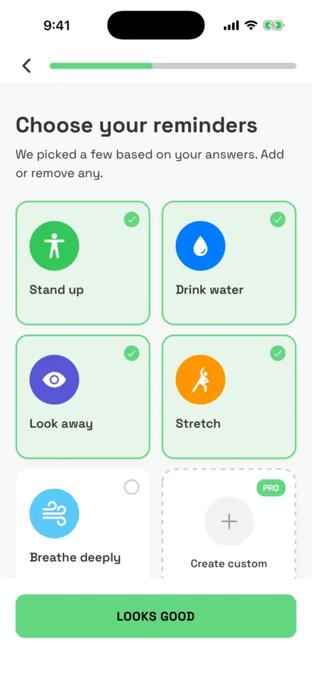 Choose your reminders screen with Stand up, Drink water, Look away and Stretch selected