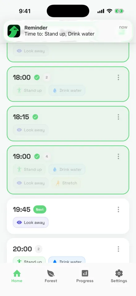 A StandPal notification that reads “Time to: Stand up, Drink water” over the Today screen
