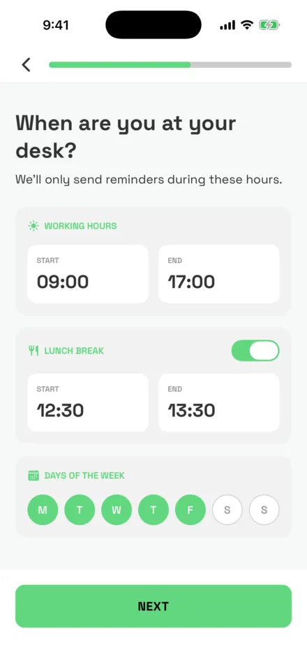 StandPal setup screen with working hours 9:00 to 17:00, a 12:30 lunch break and Monday to Friday selected