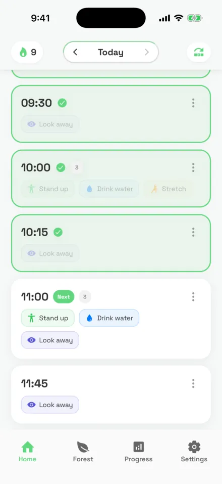 StandPal's Today screen: finished breaks at 9:30, 10:00 and 10:15, and the next one at 11:00 to stand up, drink water and look away